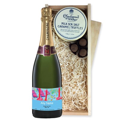 Personalised Champagne - Cake & Candles Label And Milk Sea Salt Charbonnel Chocolates Box